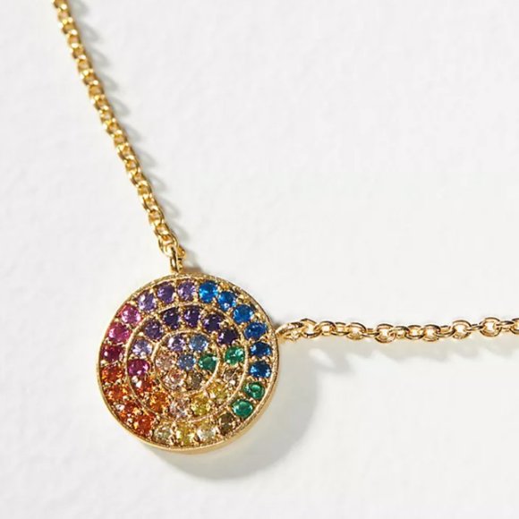 NWT RAINBOW MULTICOLOR CRYSTAL DISC PENDANT NECKLACE WITH GOLD TONE CHAIN, 18" - Picture 1 of 9